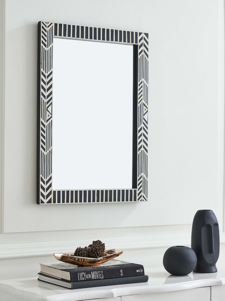 Side view of the bone inlaid rectangular wall mirror, highlighting the detailed craftsmanship of the bone inlay