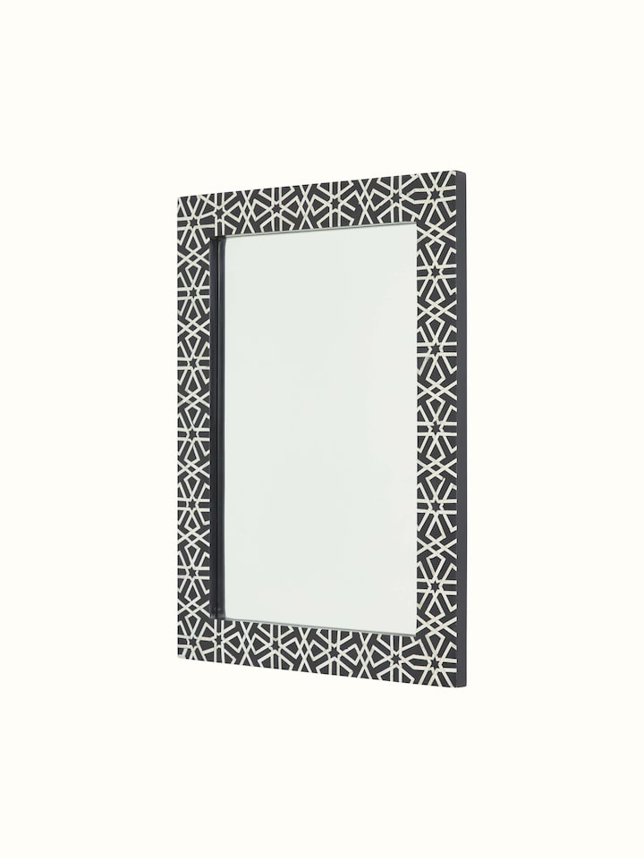 Close-up of Bone Inlaid Rectangular Wall Mirror frame, emphasizing the bone inlay patterns and texture