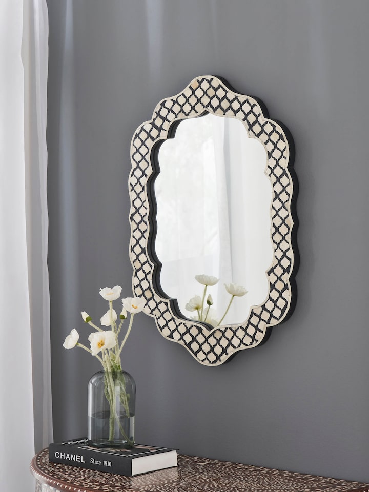 Styled view of Bone Inlay Wall Mirror styled in a home setting