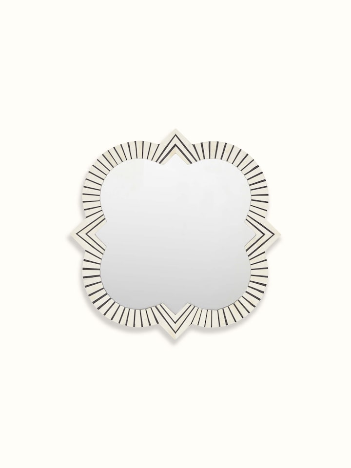 Front view of Bone Inlaid Quatrefoil Wall Mirror, showcasing the elegant quatrefoil shape and intricate inlay work