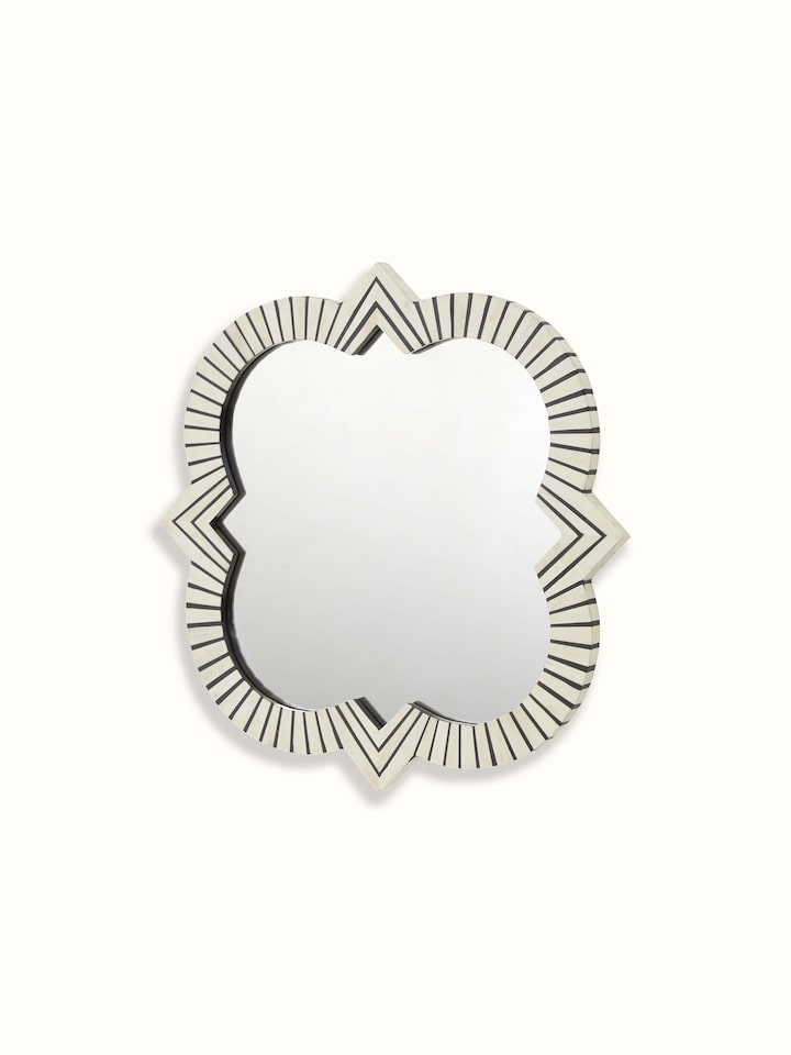 Close-up of Bone Inlaid Quatrefoil Wall Mirror, focusing on the detailed bone inlay patterns and textures