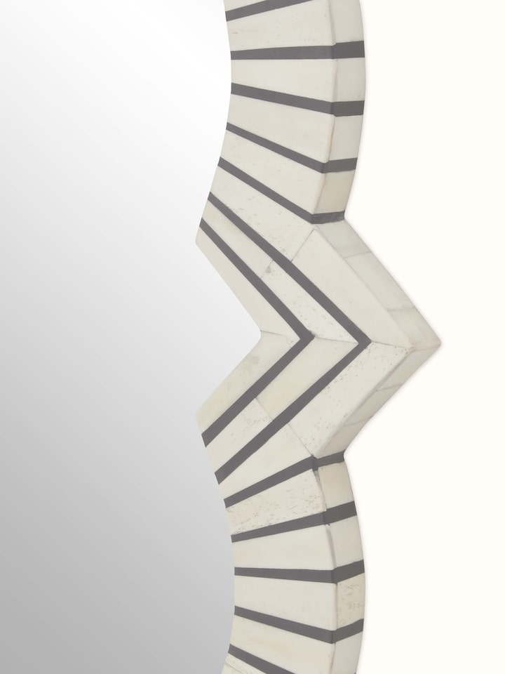 Angle view of Bone Inlaid Quatrefoil Wall Mirror, displaying the overall design and decorative inlay details