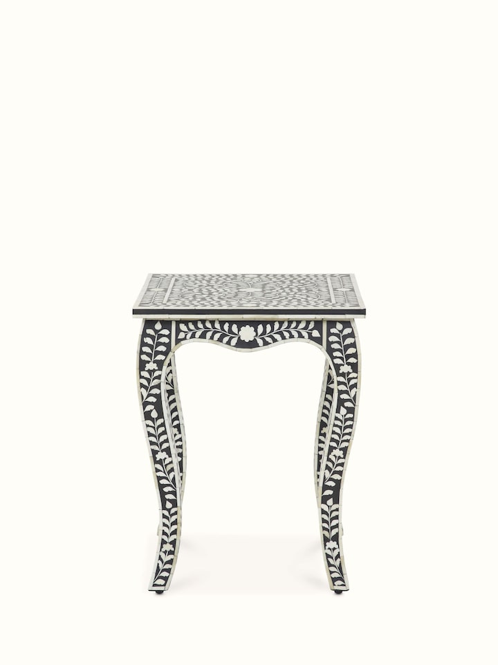 Front view of Bone Inlaid Side Table with intricate inlaid patterns, showcasing the elegant design and craftsmanship