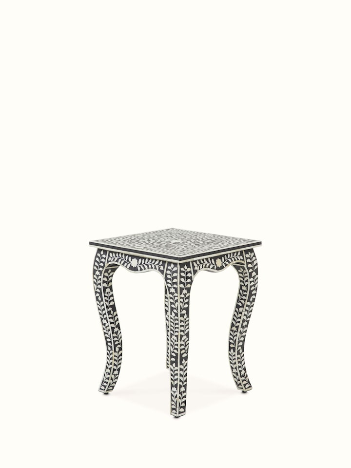 Close-up view of Bone Inlaid Side Table, focusing on the intricate bone inlay patterns and textures