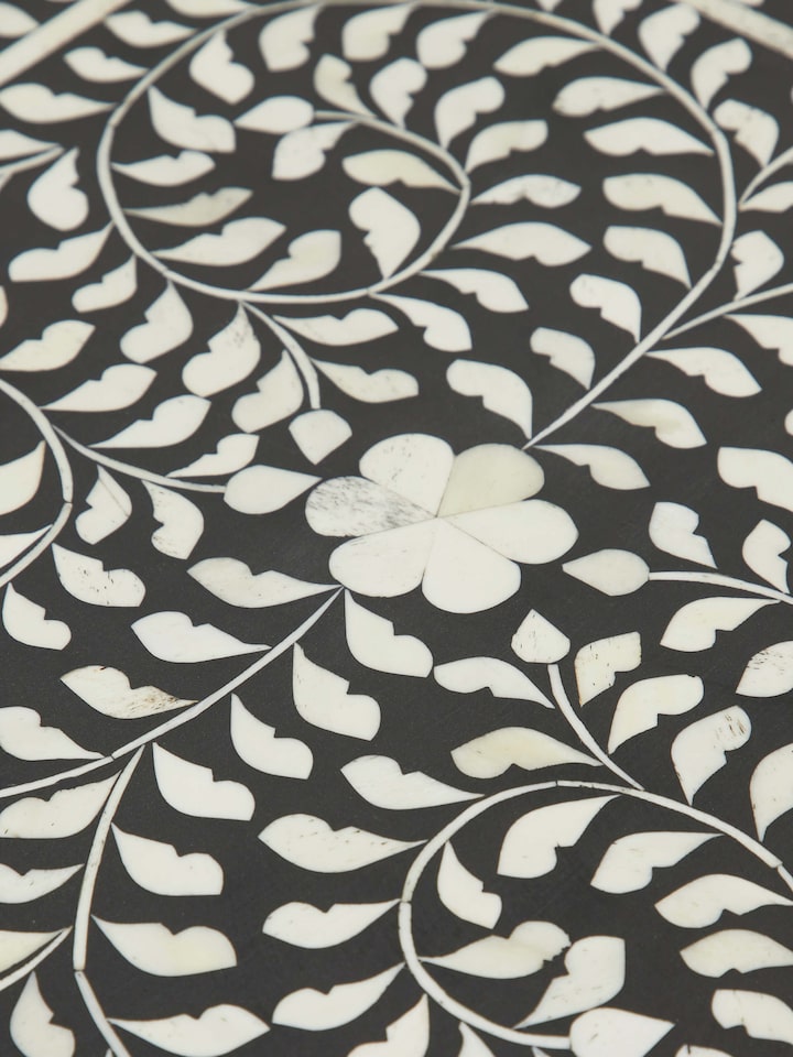 Top view of Bone Inlaid Side Table, highlighting the inlay patterns and surface finish
