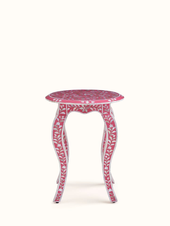 Front view of the mother-of-pearl inlaid side table, showcasing its intricate inlay design and elegant finish