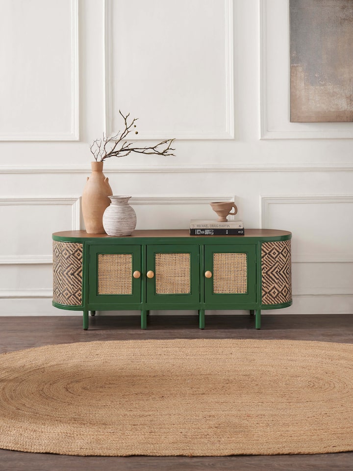 Side view of Cane & Teak Wood Entertainment Unit, highlighting the detailed craftsmanship and storage compartments
