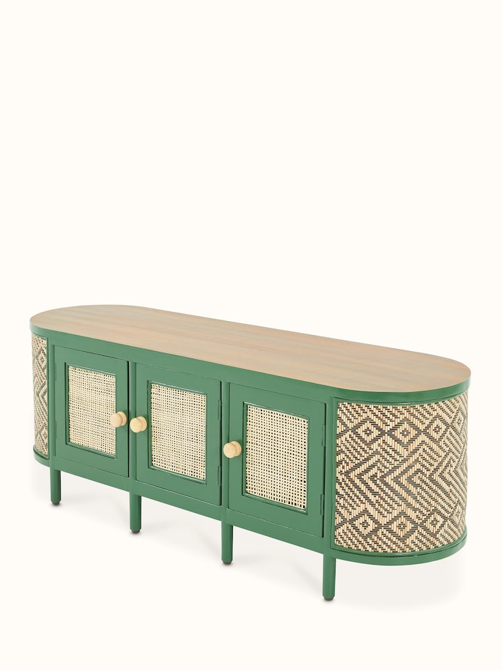 Top-down view of Cane & Teak Wood Entertainment Unit, focusing on the surface and overall design
