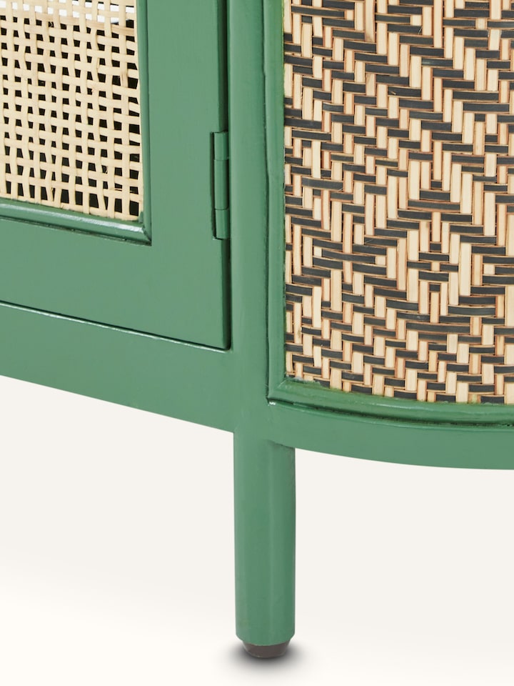 View of Cane & Teak Wood Entertainment Unit from the side, showing the unit's depth and side panel design