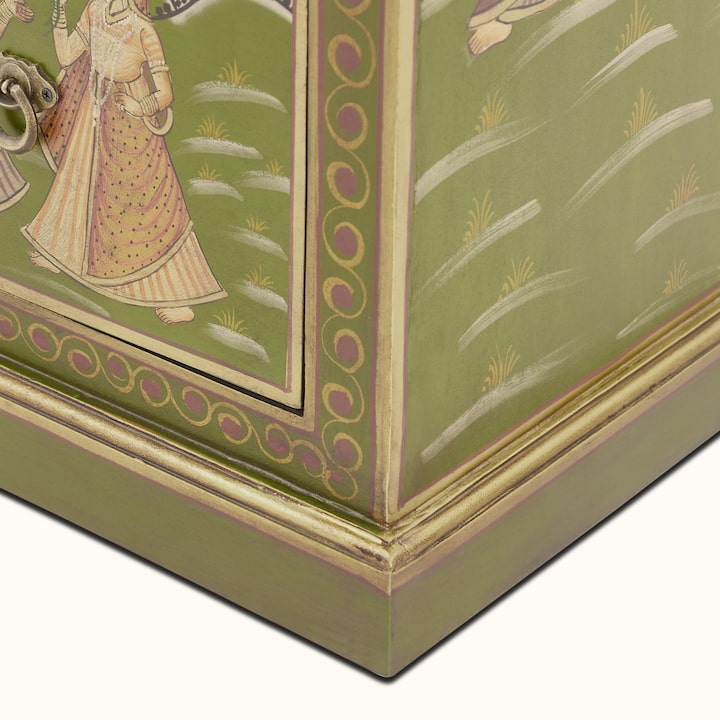Close-up of Miniature Painted Chest with 3 Drawers, focusing on the detailed hand-painted designs on the drawers