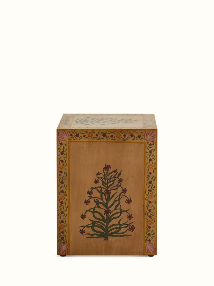 Bottom view of miniature painted end table, showcasing the sturdy construction and detailed paintwork.