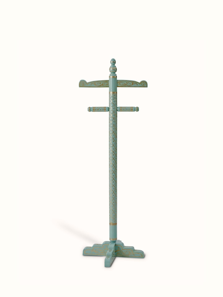 Front view of Teak Wood Sankheda Aqua Coat Hanger, highlighting its elegant design and vibrant aqua finish