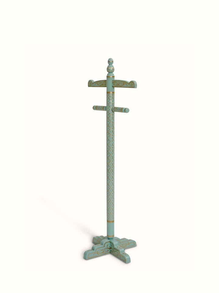 Close-up of the hooks on Teak Wood Sankheda Aqua Coat Hanger, emphasizing the craftsmanship and finish