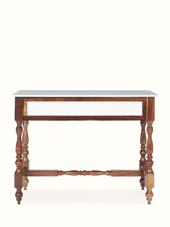 Front view of the walnut finish carved marble and Sheesham wood console table, highlighting the intricate carvings and marble top