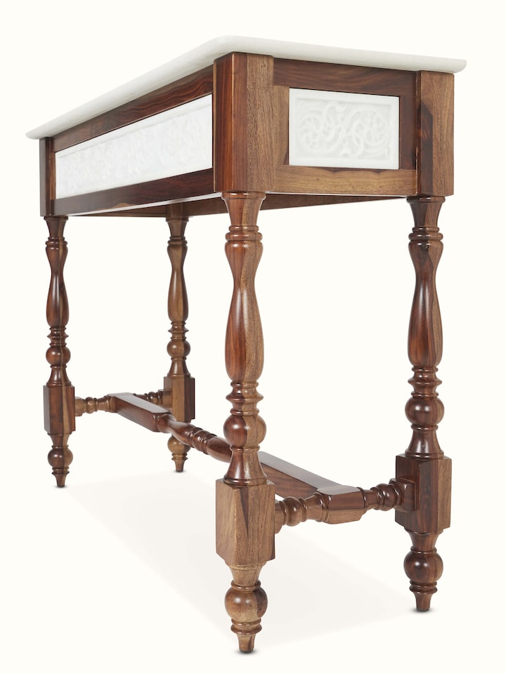Rear view of the walnut finish carved marble and Sheesham wood console table, showcasing the back design and craftsmanship