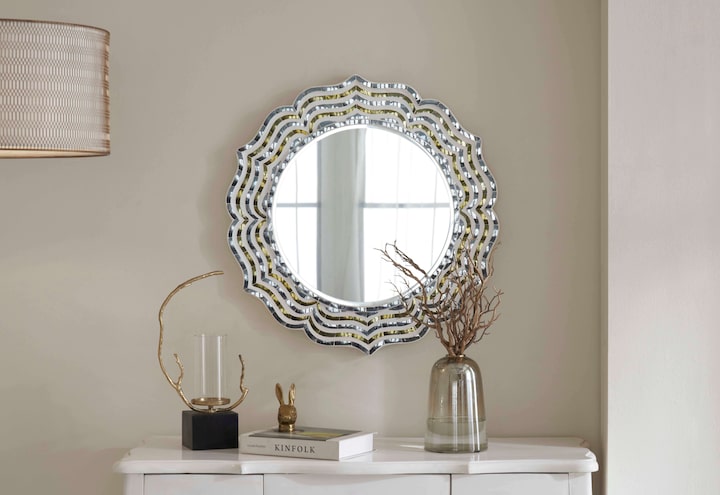 Side view of Swadesh Glass Floral Design Inlay Wall Mirror highlighting its intricate floral inlays and decorative details