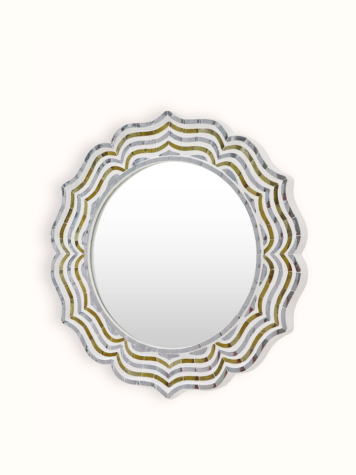 Angled view of Swadesh Glass Floral Design Inlay Wall Mirror with detailed glass inlay and ornate floral patterns