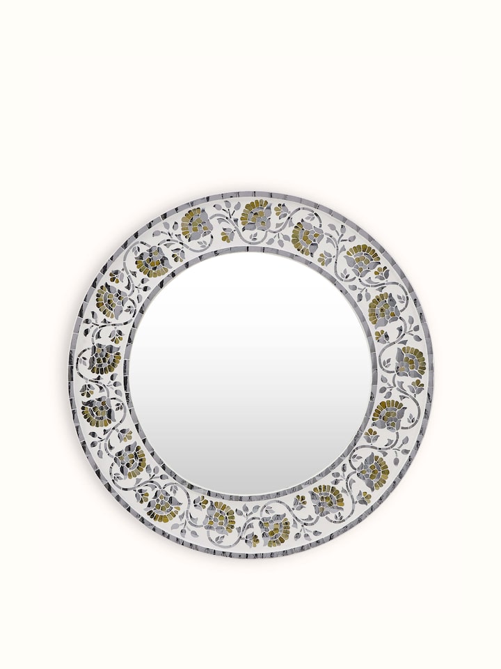 Front view of Glass Floral Design Inlay Round Wall Mirror, showcasing the intricate floral inlay and reflective surface.