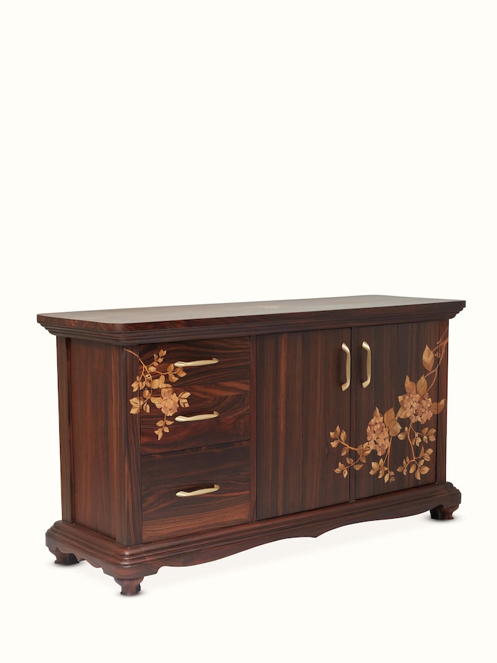 Side view of Mysore Rosewood Inlay Sideboard (3-Drawers), highlighting fine inlay work and wooden craftsmanship.