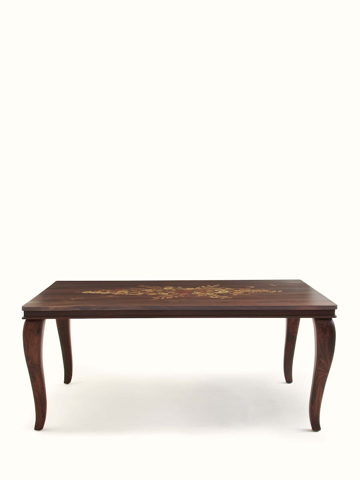 Front view of Rosewood Inlay 6-seater Dining Table highlighting the intricate rosewood inlay and spacious dining surface.
