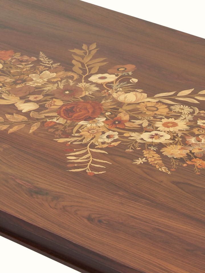Base view of Rosewood Inlay 6-seater Dining Table showcasing the sturdy foundation and craftsmanship of the woodwork.