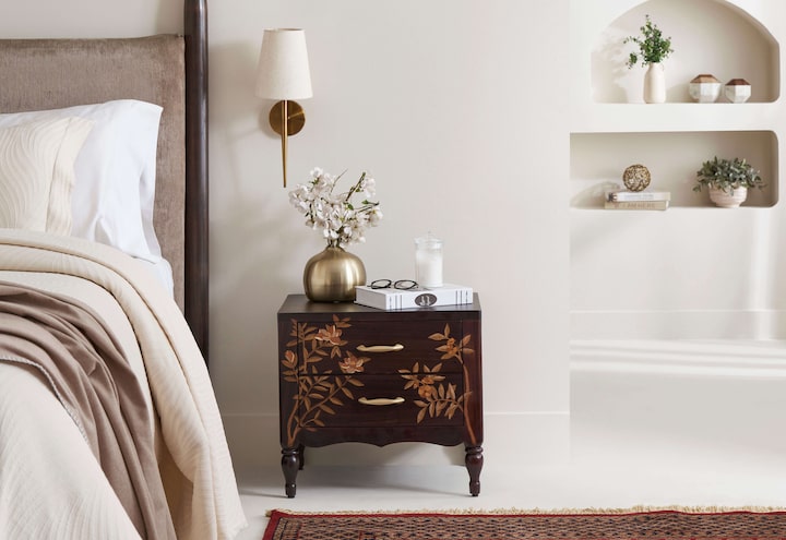 Styled view of Mysore Rosewood Inlay Bedside Table styled in a room setting