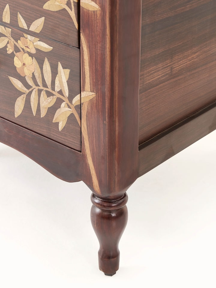 Detail view of Mysore Rosewood Inlay Bedside Table highlighting the woodwork and finish detail