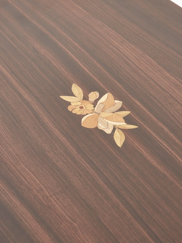 Detail view of Mysore Rosewood Inlay Bedside Table highlighting the woodwork and finish detail, from a different angle