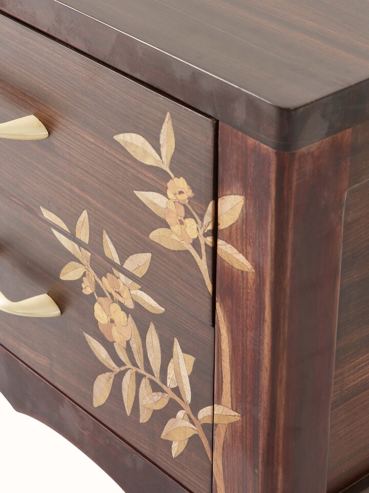 Detail view of Mysore Rosewood Inlay Bedside Table highlighting the woodwork and finish detail, in an alternate close-up