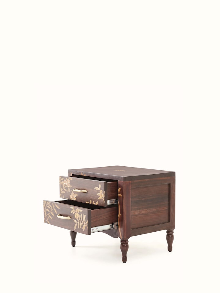 Overview of Mysore Rosewood Inlay Bedside Table showing the complete piece, from a different angle