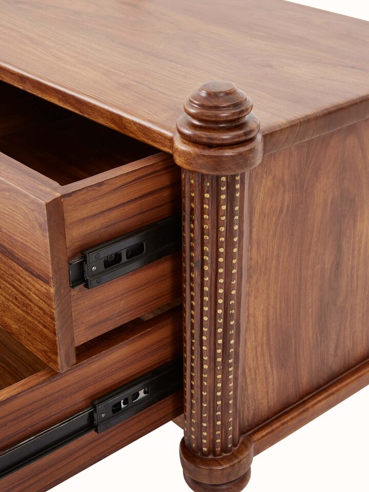 Close-up view of Carved Sheesham Wood Bedside Table showcasing the intricate detailing and fine finish.