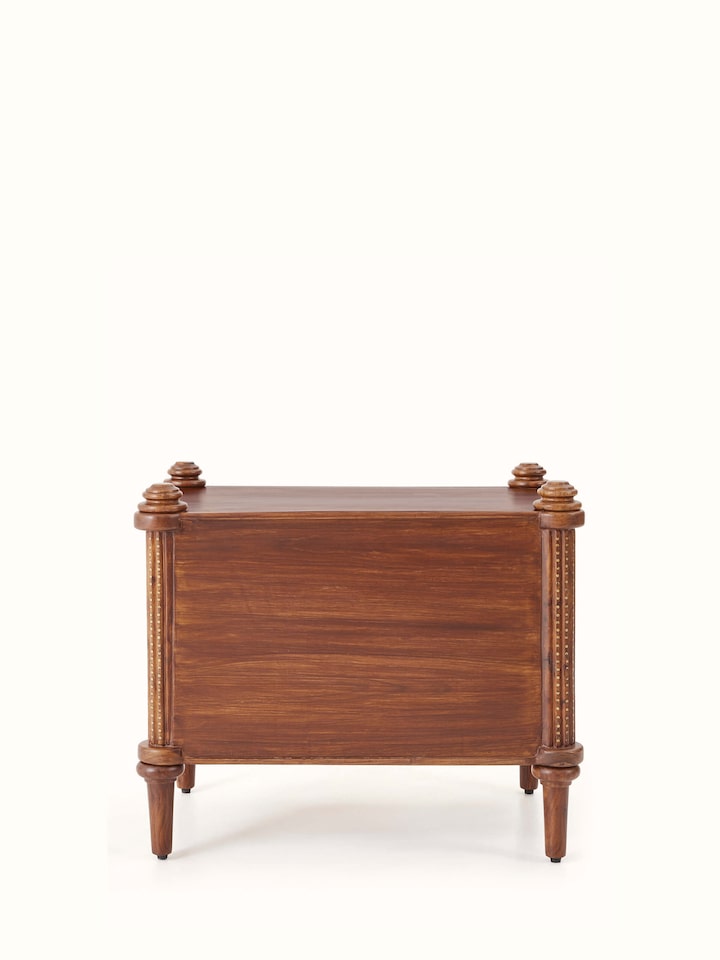 Back view of Carved Sheesham Wood Bedside Table showing sturdy construction and detailed woodwork.