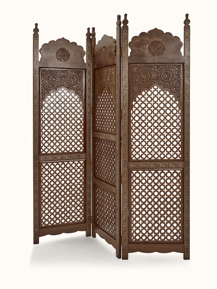 Close-up view of Carved Sheesham Wood Partition Screen highlighting the inlay work and craftsmanship detail