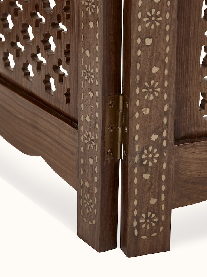 Detail view of Carved Sheesham Wood Partition Screen highlighting the woodwork and finish detail, with a slightly different focus area