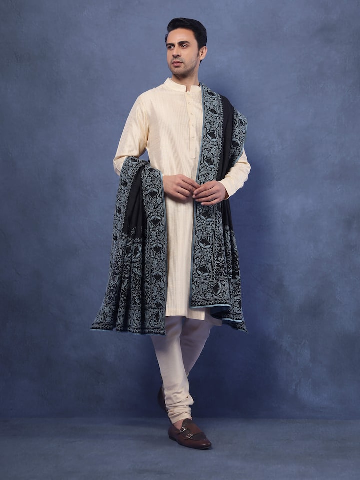 Black Tussar Silk Chikankari Embroidered Shawl