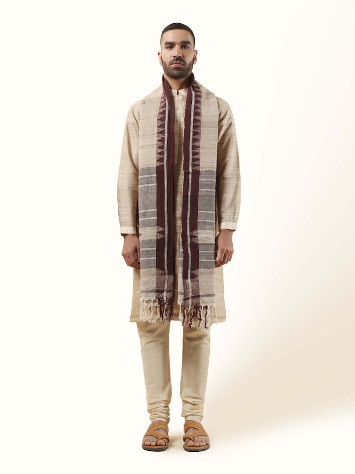 Front view of brown Kotpad stole in tussar cotton with tribal patterns.