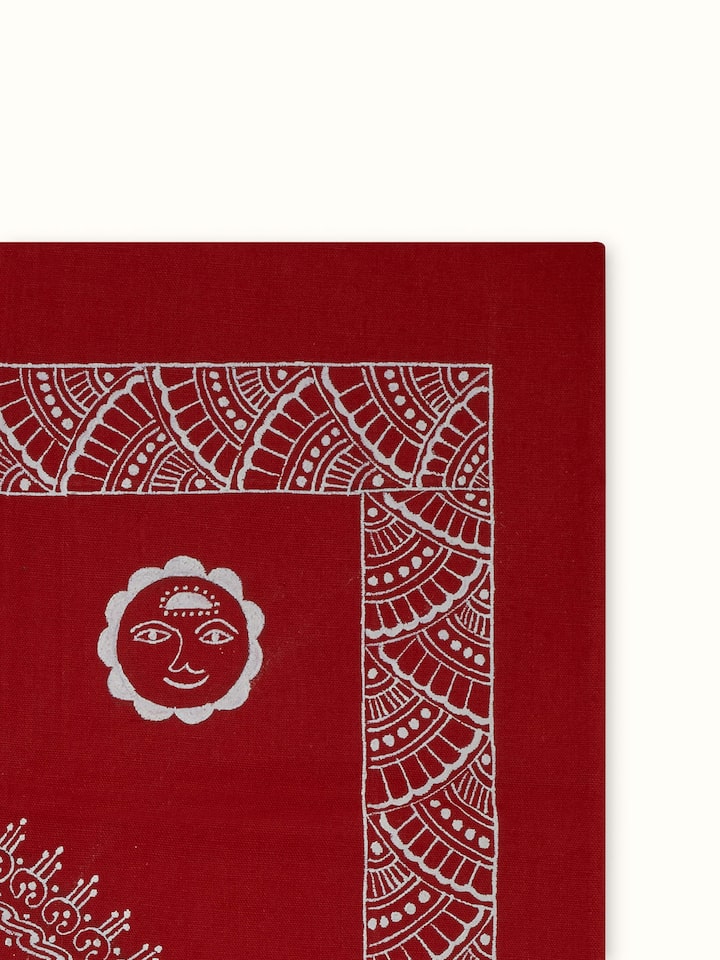 Detail view of Aipan Vivah Chowki Painting highlighting the intricate linework and detail, from a different angle