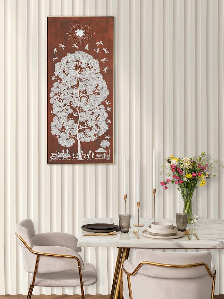 Side view of Warli Serene Village Life Painting highlighting the depth and details of the artwork.
