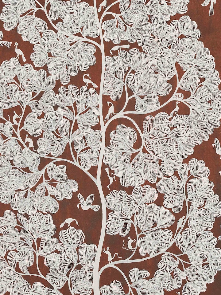 Close-up detail of Warli Serene Village Life Painting focusing on the intricate patterns and traditional motifs.