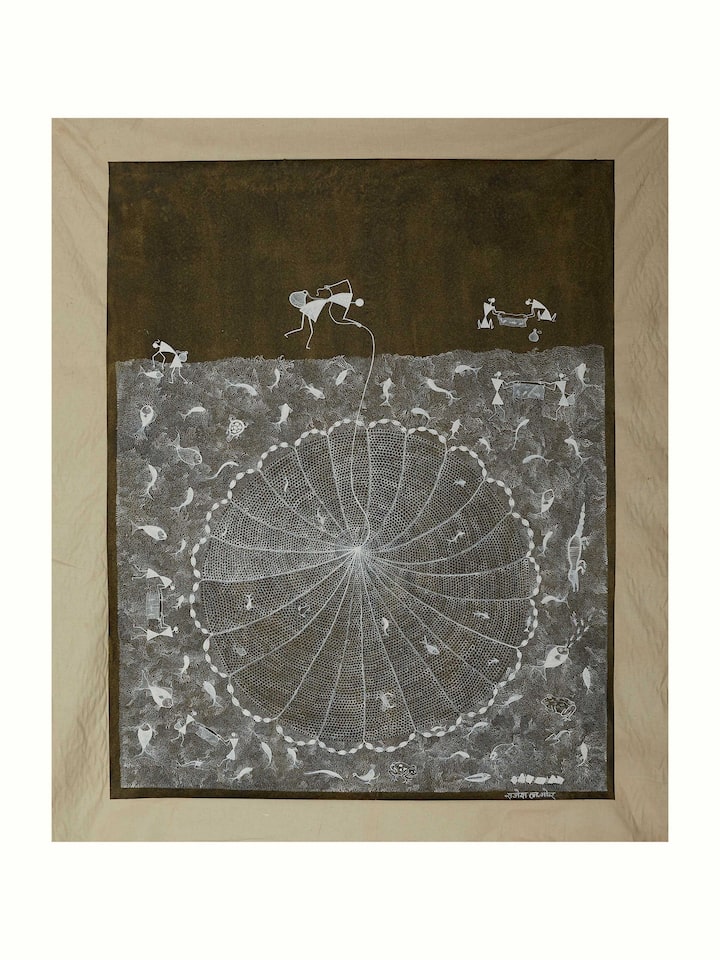 Front view of Warli Fishing Painting highlighting traditional artwork
