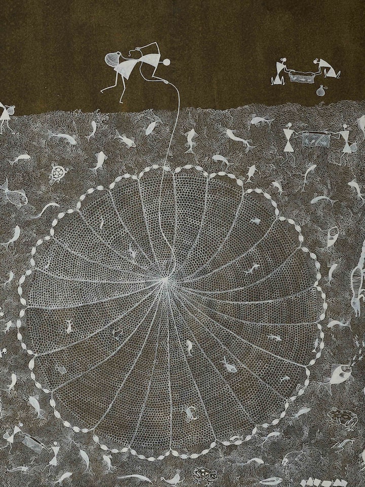Detailed shot of Warli Fishing Painting showcasing intricate patterns
