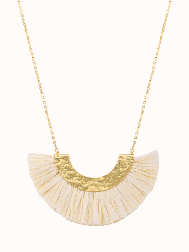 Front view of Raffia Fibre Long Necklace featuring a natural and elegant design.