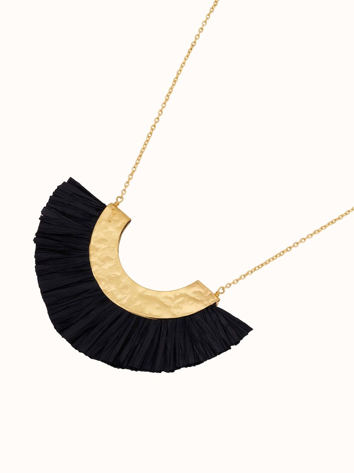 Angled view of Raffia Fibre Long Necklace emphasizing unique raffia texture and design.