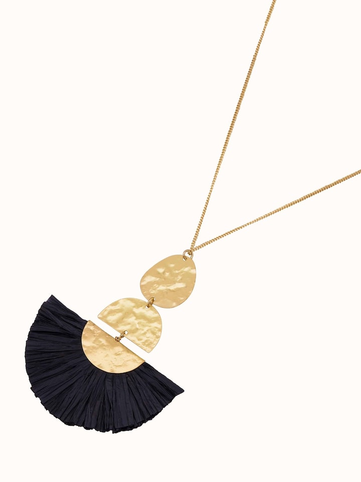 Angled view of Raffia fibre long necklace with elegant draping