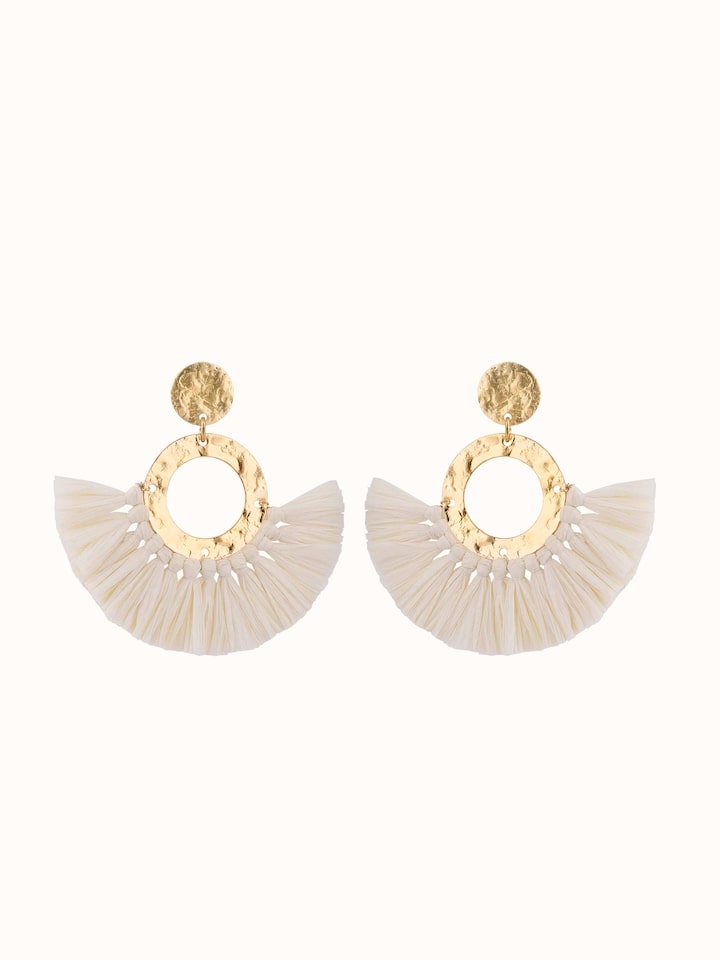 Front view of Raffia Fibre Drop Earrings featuring natural raffia fibre design.