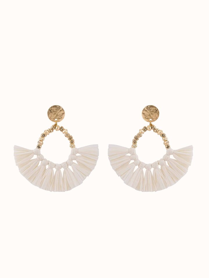 Front view of Raffia Fibre Drop Earrings featuring natural fiber texture