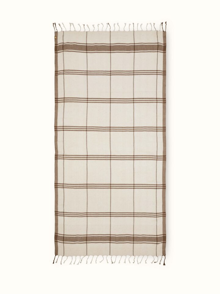 Full view of Sarvika Brown Checks Cotton Bath Towel (L), featuring a classic brown checkered design.