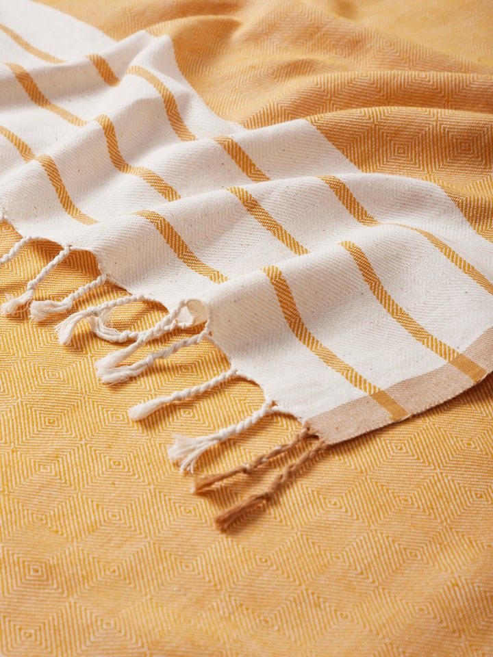 Large yellow cotton bath towel displayed flat, emphasizing its bold stripes and plush material.