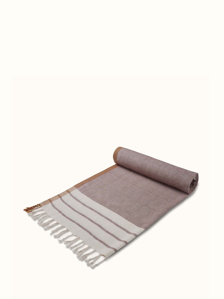 Back view of Samitha red stripe cotton bath towel (M) displaying the unprinted side of the towel.