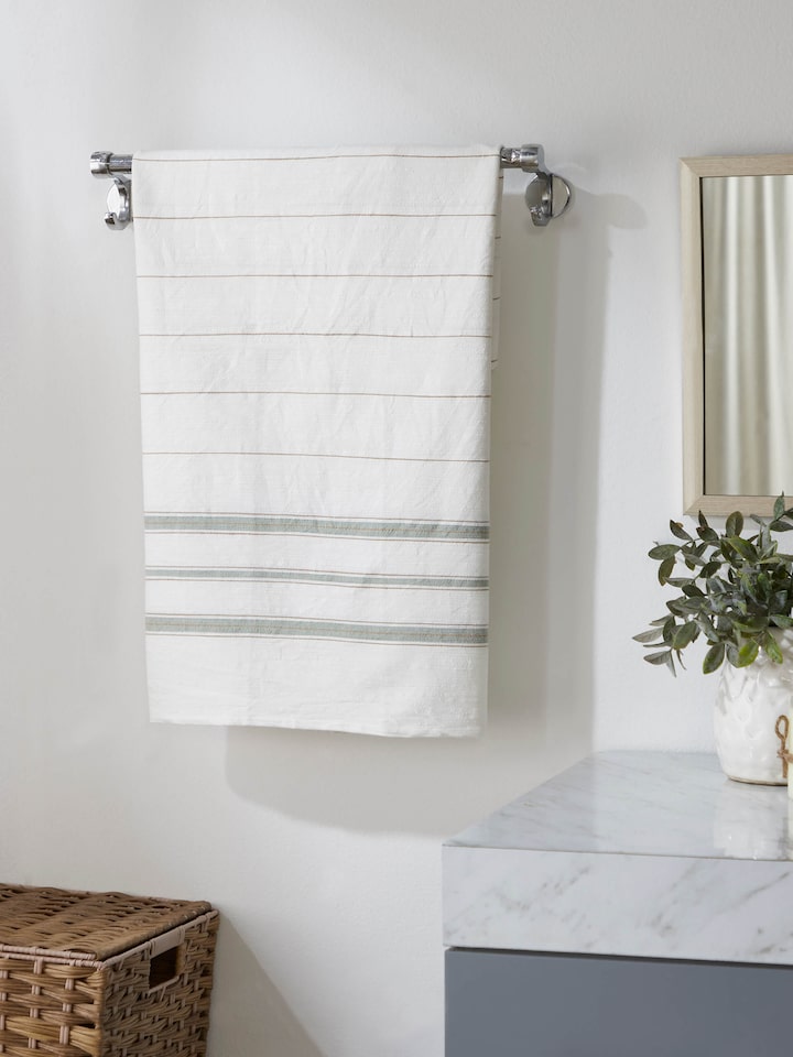 Close-up of Adrita Green Stripe Cotton Bath Towel (M), highlighting the green stripe detail and soft cotton texture.